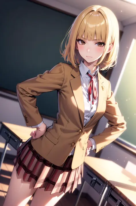 (masterpiece,best quality, detailed), 1girl, solo, classroom, indoors, hands on hips, closed mouth, dutch angle,
midorikawa hana, brown jacket, neck ribbon, collared shirt, school uniform, plaid skirt, loafers, squinting, eyelashes