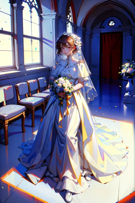 bride in blue gown standing in a church with flowers