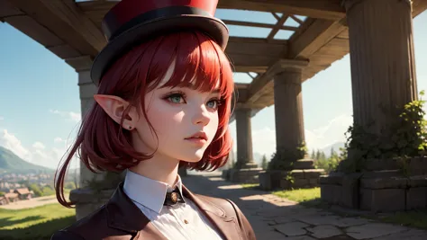 anime girl with red hair wearing a top hat and a suit