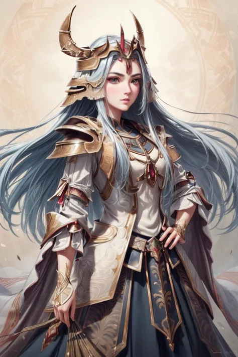 a woman with long blue hair wearing armor and a helmet