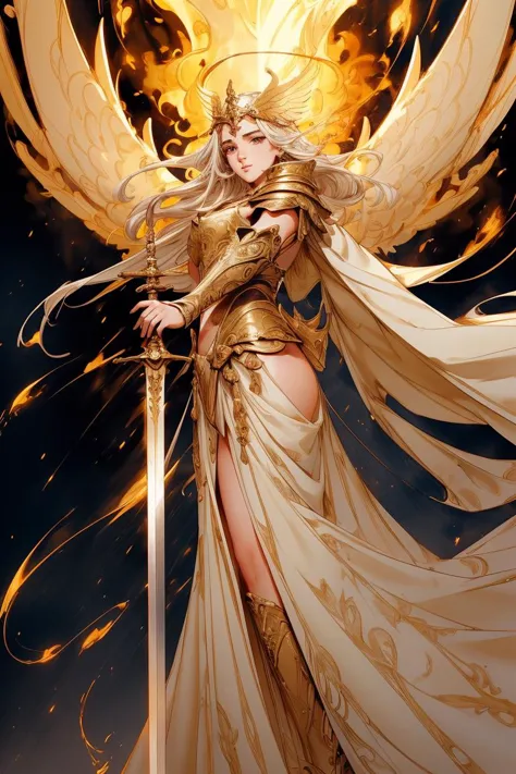 a woman in a golden dress holding a sword and a golden bird