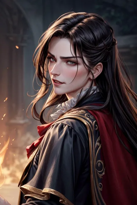 a woman with long hair and a red cape holding a fire