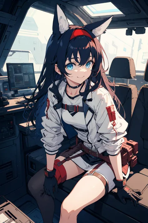 anime girl sitting in a car with a cat ear on her head