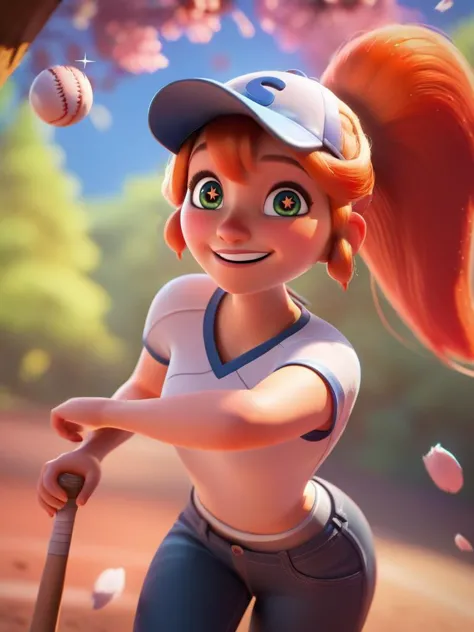 score_9, score_8_up, score_7_up, score_6_up, 1girl holding a baseball bat, cap, red hair, ponytail, looking at viewer, dynamic angle, cowboy shot, cute, cartoon, cute pose, smile, blush, wide shot, sparkling eyes, magic vibes, bangs, floating hair, outdoors, vegetation, trees, 
<lora:DisneyStudios_style:0.8> DisneyStyleXLP