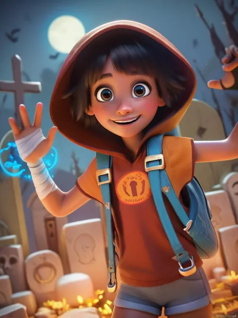 score_9, score_8_up, score_7_up, score_6_up, 1boy, freckles, big backpack, black hair, hood, looking at viewer, dynamic angle, cowboy shot, cute, cartoon, epic pose, smile, blush, wide shot, cute eyes, magic vibes, bangs, floating hair, outdoors, detailed background, cinematic, child, shorts, bandages, dark skin, cemetery, skulls, graveyard, night, moon, scared,
<lora:DisneyStudios_style:0.8> DisneyStyleXLP