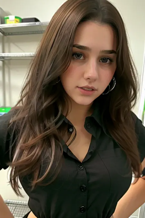 close up of a stunning young woman working at a convenience store, <lora:k4c3yk0x_dreambooth:1>, wearing a black button up shirt, shelving in the background, upper body, RAW, HD, 8K, close up, highly detailed face, cute