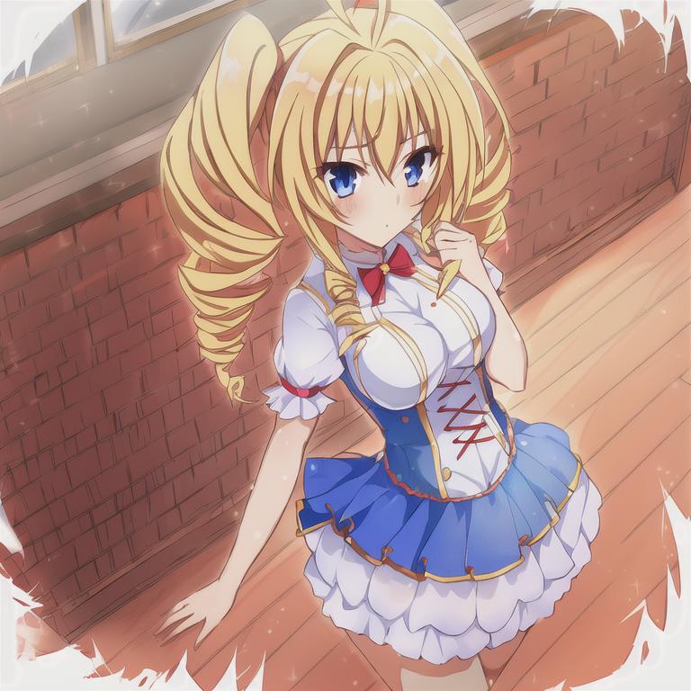 Anime girl in a blue dress with a white top and a red bow - SeaArt AI