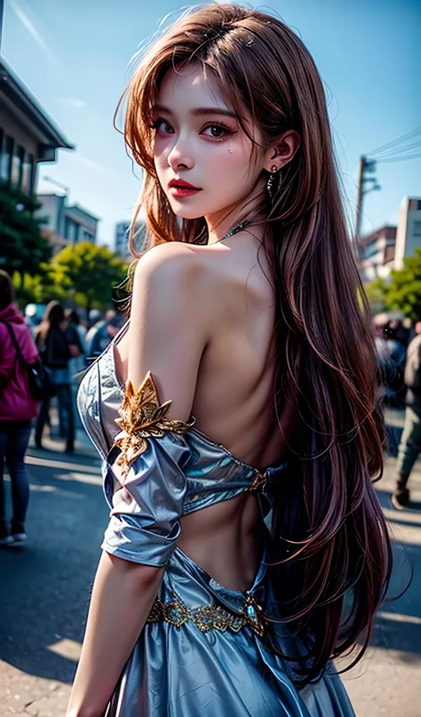 realistic,cosplay photo,street,depth of field,wide_shot,stare,1girl,solo,earrings,filigree,detached sleeves,(revealing clothes),...