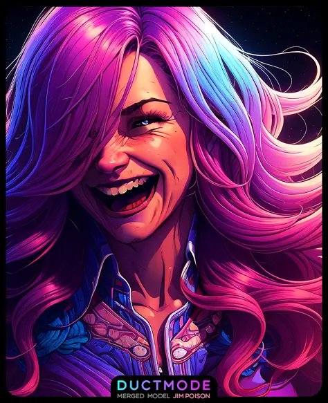 cinematic art by (dan mumford:1.3) style,
laughing (close up:1.1) face woman gradient hair,
exquisite anatomy and posture, 8k uhd