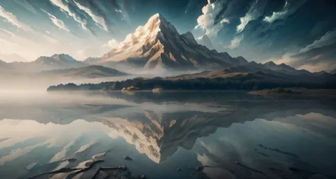 arafed image of a tree with a mountain and a lake in the middle, surreal art, surrealistic digital artwork, surreal + highly det...