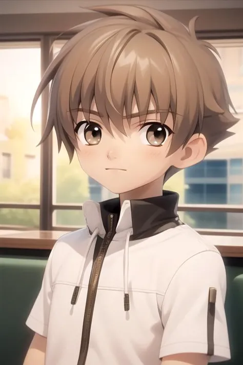 masterpiece, best quality, movie still, 1boy, solo, male focus, looking at viewer, upper body, depth of field, ligne claire, , <lora:syaoran_tsubasa_chronicle:0.74>, syaoran_tsubasa_chronicle, brown hair, brown eyes, , cafeteria,