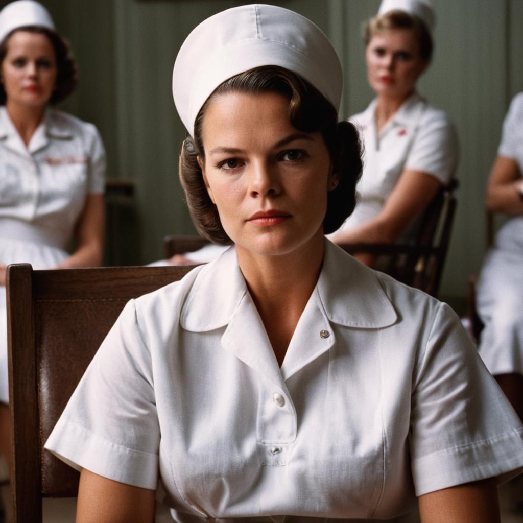 A close up of a woman in a white uniform sitting in a chair - SeaArt AI