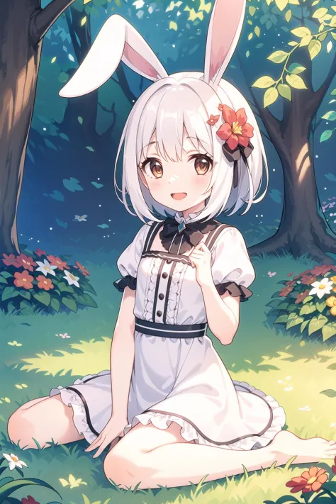 (masterpiece,best quality), 1girl,petite,flat chest, solo, solo focus, (animal ears, rabbit ears), barefoot, knees up, dress, sitting, short sleeves, looking at viewer, grass, short hair, smile, white hair, puffy sleeves, outdoors, puffy short sleeves, bangs, on ground, full body, animal, sunlight, brown eyes, dappled sunlight, day, depth of field, open mouth, (flower, hair flower), w, wariza, white dress,
 <lora:pcr-000012:0.7>