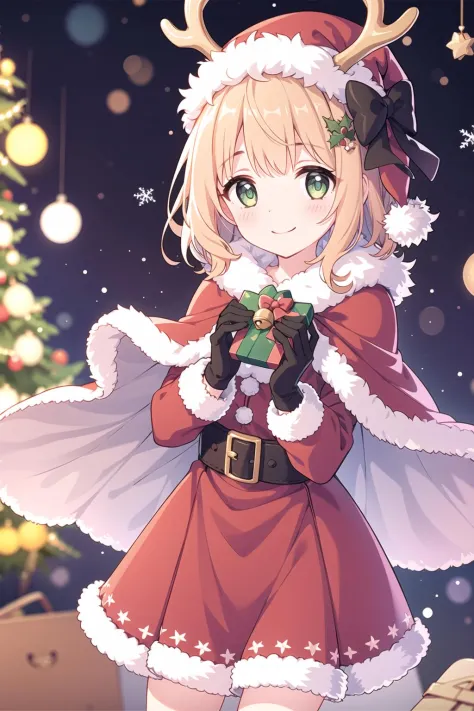 1girl, antlers, bangs, bell, black_bow, blurry, blurry_background, blush, bokeh, bow, bowtie, box, capelet, christmas, christmas...