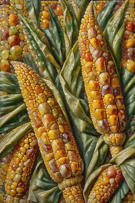 painting of corn on a plate with leaves and a red background