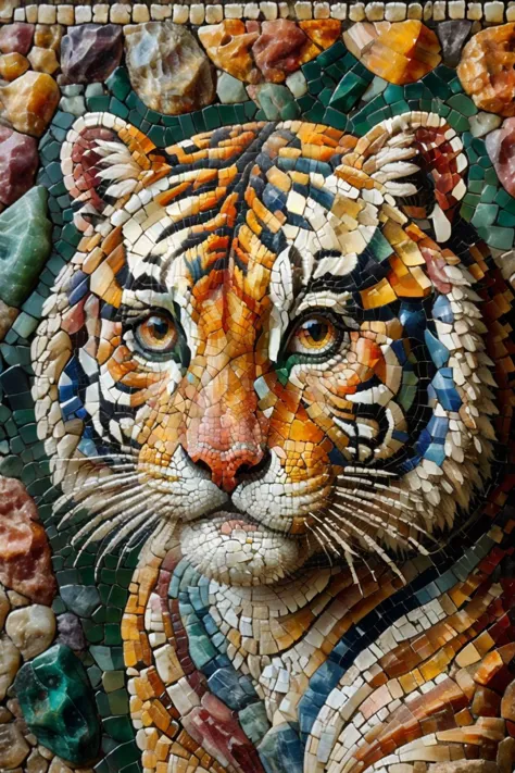 a close up of a mosaic of a tiger with a flowered background