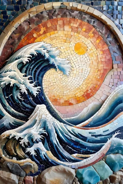 a close up of a mosaic of a wave and sun