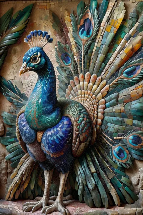 <lora:ral-ntrgmstn-sdxl:0.9>,<lora:Roman_Mosaic:0.8>,a highly detailed pastel oil painting of ral-ntrgmstn roman mosaic of peacock spreads its tail feathers,, (masterpiece, best quality, high quality, highres, ultra-detailed),