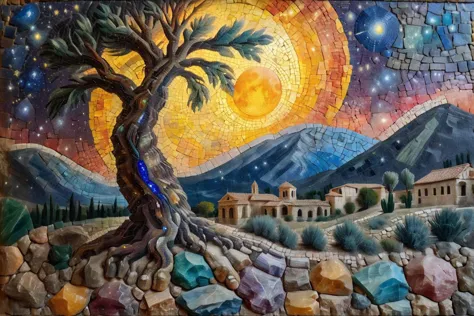 painting of a tree with a sun and a mountain in the background