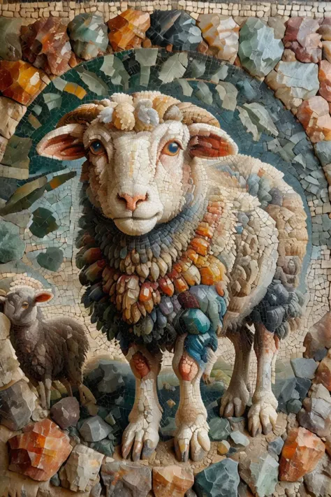 <lora:ral-ntrgmstn-sdxl:0.9>,<lora:Roman_Mosaic:0.8>,a highly detailed pastel oil painting of ral-ntrgmstn roman mosaic of sheep...