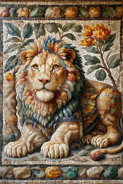 a close up of a lion laying on a tiled floor