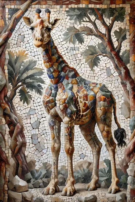 araffe standing in a mosaic with a tree and a bird on it