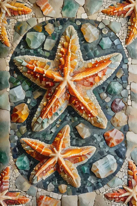 a close up of a mosaic of starfishs and shells