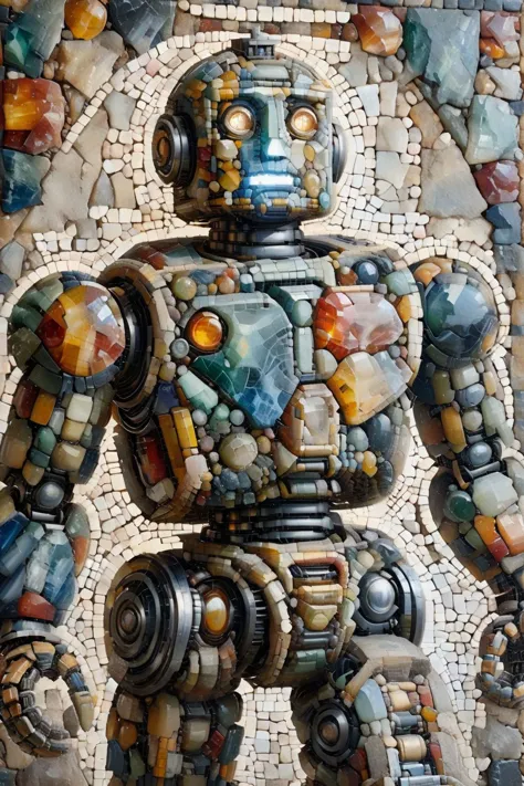 a close up of a robot made of rocks and stones