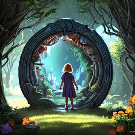 a child looking at a dimensional portal in the hidden garden, scare, environment art, fantasy art, landscape art, in the style o...