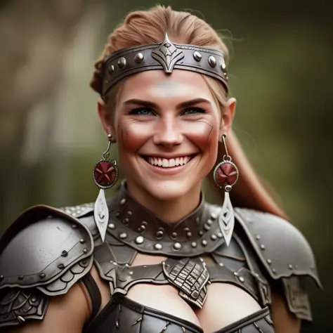 beautiful viking female warrior in leather armor, smiling, tattoos, ornaments, earrings, intricate detail, super-realistic, hype...