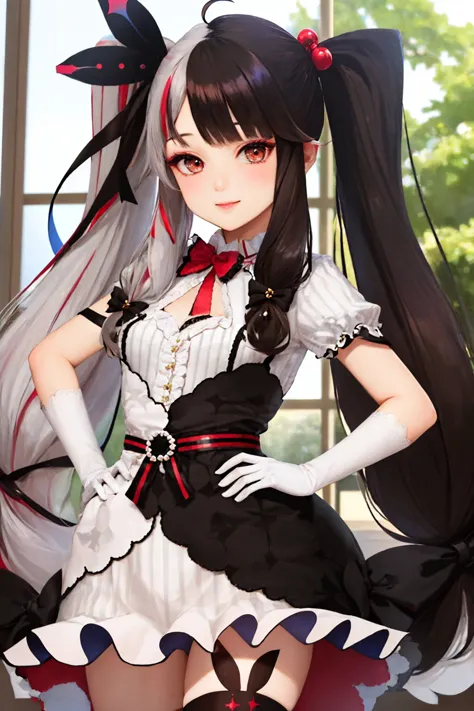 (masterpiece, best quality:1.2), solo, 1girl, yorumi rena, smile, looking at viewer, hands on hips, twintails, hair bobbles, hair ribbon, dress, striped, bow, puffy short sleeves, white gloves, asymmetrical legwear, thighhighs <lora:nijisanji_yorumi-08:1>