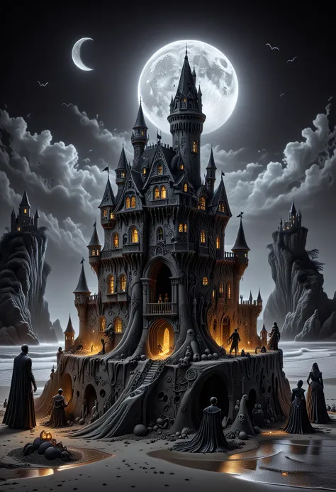 vampire surfers competing in a sandcastle building contest at night on a moonlit beach. The sandcastles are elaborate, with one resembling a haunted house and the other a gothic castle, all under the glow of the full moon. (art monochrome, digital art oil painting, ink, charcoal, double exposure) <lora:luxart:0.9> <lora:ral-realpride-sdxl:0.888> ral-realpride <lora:detailed_notrigger:0.8> <lora:DetailedEyes_V3:0.6>