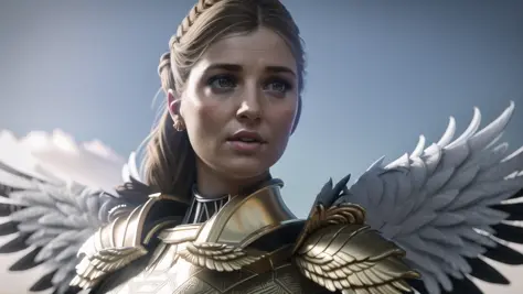 A 3d render of epic portrait close shot of beautiful young Dutch girl with angelic feathered wings, gold armour, skylight, neckl...
