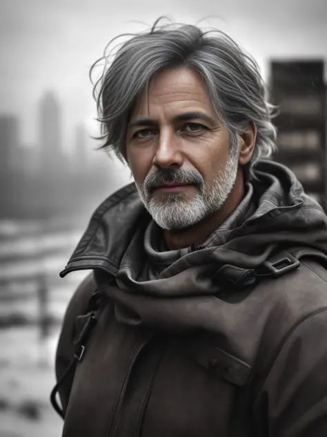 Realistic photography, closeup of male 55yo dirty, gray hair, focus on eyes, 50 mm f/1.4, hdr masterpiece,dramatic lighting, epic, hair in wind,  wearing leather , light snowing, post apocalyptic city,  year 2590