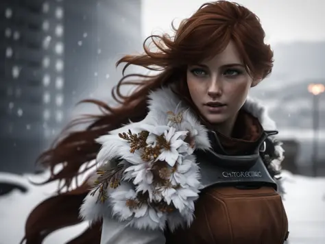 Realistic photography, closeup of beautiful woman with friskles and , head shot , 25yo, focus on eyes, 50 mm f1.4, ginger hair in wind, hdr masterpiece,dramatic lighting, epic,  cyber dress, flower in hair, light snowing, post apocalyptic city, epic necklace
