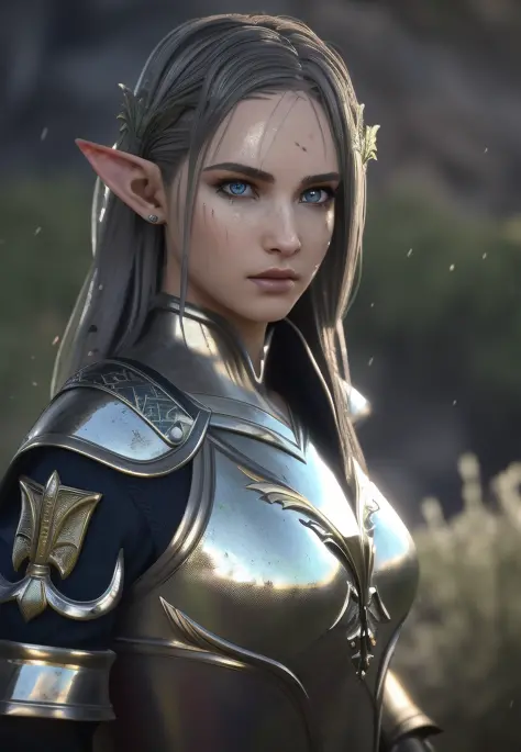 3D render, portrait  of a beautiful young elf  girl  with long wet hair, wearing a full suit of polished bronze medieval  armor ...