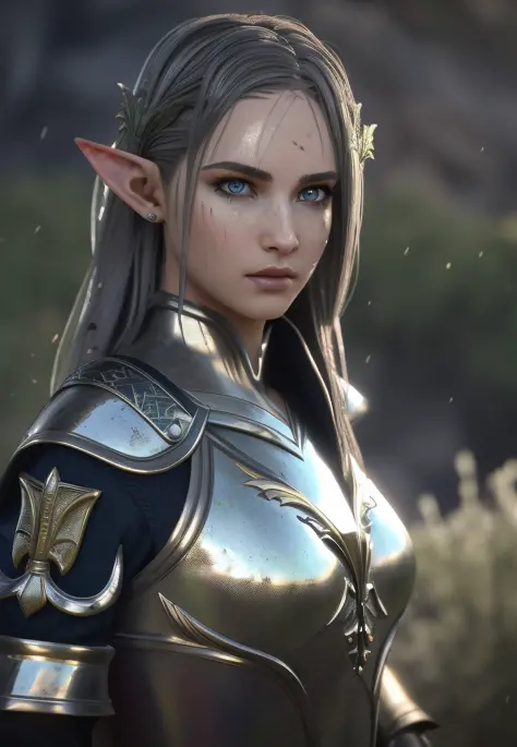 3d render, portrait  of a beautiful young elf  girl  with long wet hair, wearing a full suit of polished bronze medieval  armor ...