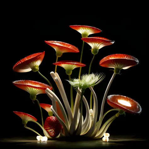 ! 3d render, epic realistic plant texture, sliced elegant venus flytrap made of ivory and marshmellows and strawberries, anatomi...