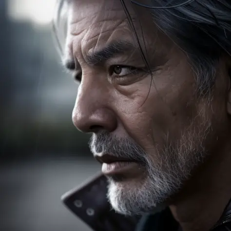 Realistic photography, closeup of asian male 55yo dirty, gray hair, focus on eyes, 50 mm f/1.4, hdr masterpiece,dramatic lightin...