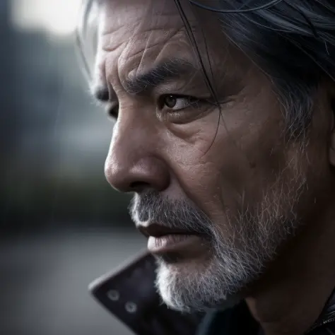 realistic photography, closeup of asian male 55yo dirty, gray hair, focus on eyes, 50 mm f/1.4, hdr masterpiece,dramatic lightin...