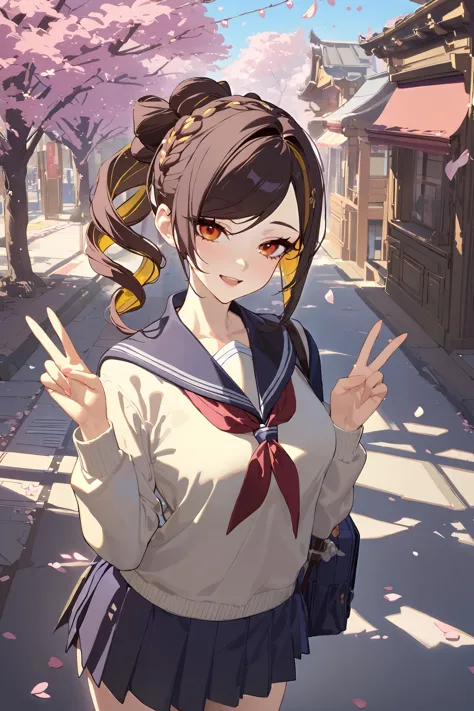 anime girl in school uniform with peace sign in the street