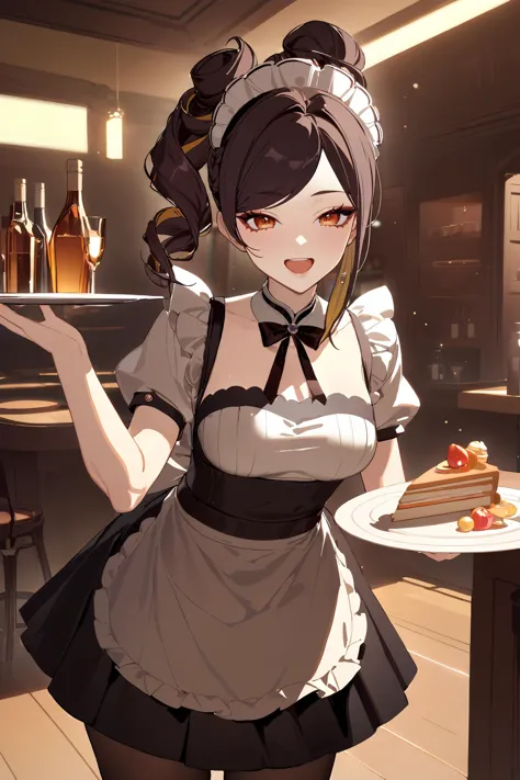 masterpiece, best quality, perfect features, intricate details, ray tracing, newest,(hitenkei, askzy:0.4), 1girl, chiori \(genshin impact\), solo, maid, maid headdress, maid apron, pantyhose, open mouth, laughing, holding plate, looking at viewer, cowboy shot, bar \(place\), indoors, depth of field 