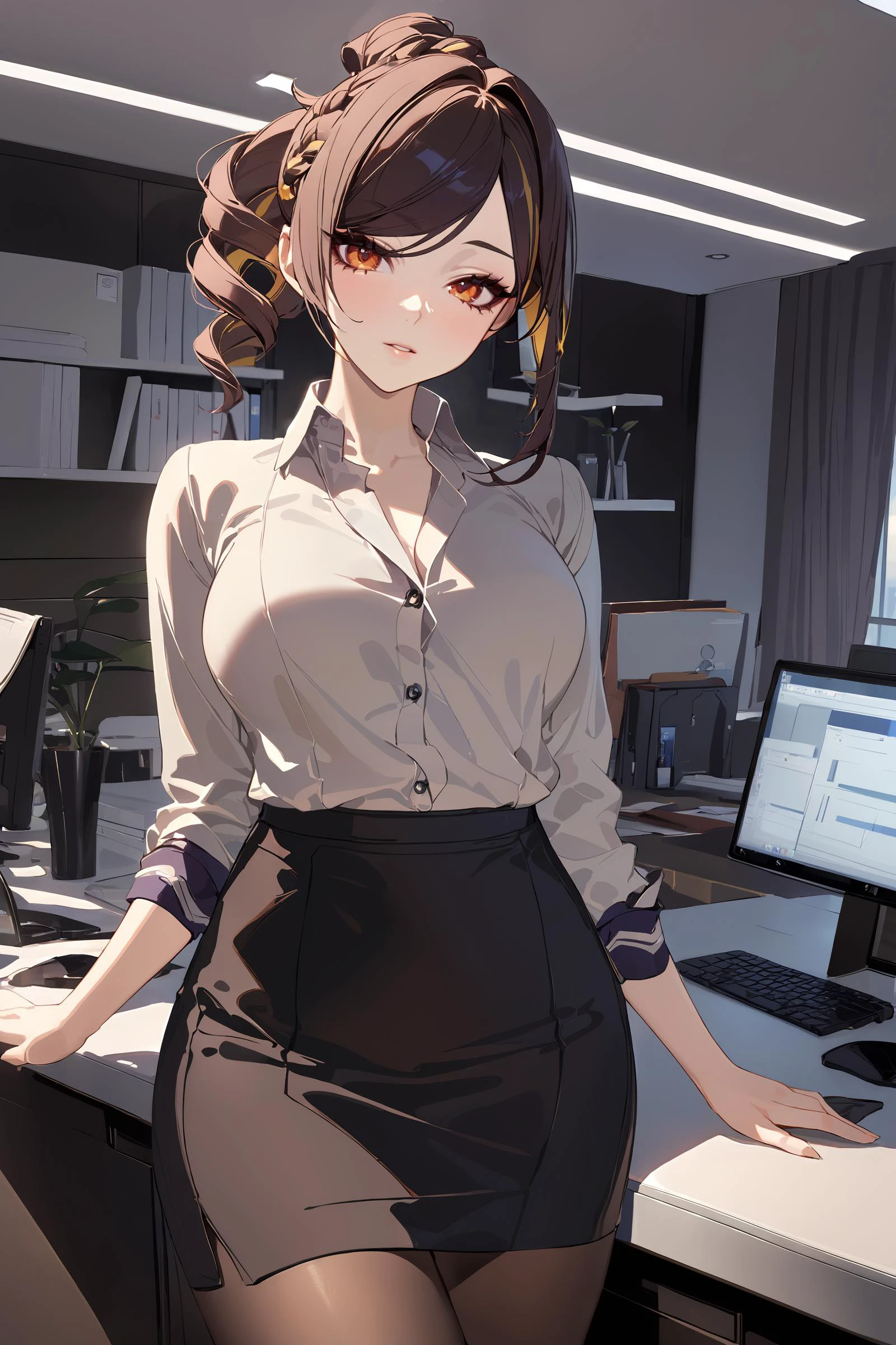 masterpiece, best quality, perfect features, intricate details, ray tracing, newest,(hitenkei, askzy:0.4), 1girl, chiori \(genshin impact\), office lady, collared shirt, pencil skirt, pantyhose, looking at viewer, parted lips, cowboy shot, office, indoors, depth of field 