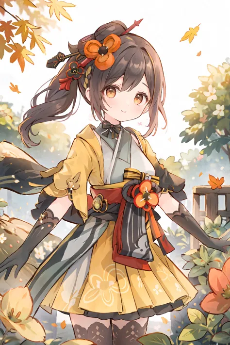 1girl, chiori \(genshin impact\), solo, elbow gloves, hair ornament, short kimono, print pantyhose, sash, wide sleeves, ribbon choker, cowboy shot, standing, garden, autumn leaves, outdoors, depth of field, hand in own hair, floating hair, light smile, gasping, ecstasy, looking at viewer