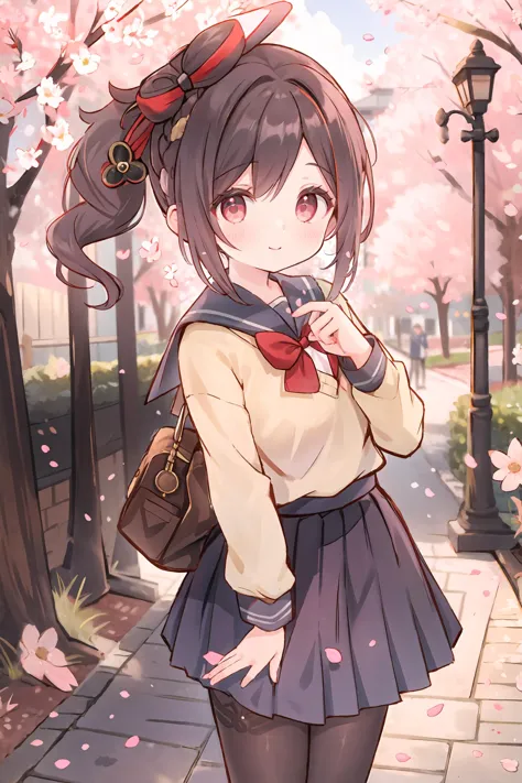 1girl, chiori \(genshin impact\), solo, school uniform, white shirt, sweater, pleated skirt, white pantyhose, light smile, looking at viewer, outdoors, street, cherry blossoms, petals, depth of field