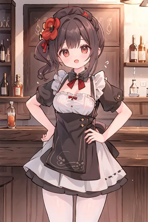 anime girl in maid outfit standing in front of a bar