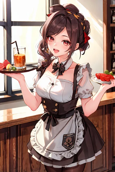 anime girl holding a tray of food and a drink