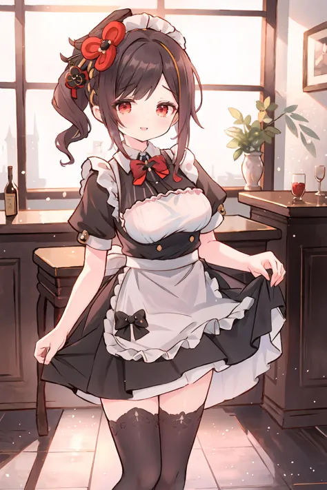 1girl, chiori \(genshin impact\), solo, maid, maid headdress, maid apron, thighhighs, looking at viewer, high heels, (skirt hold, curtsey: 1.2), bar \(place\), indoors, depth of field, gasping, ecstasy, seductive smile,  <lora:face-sensualface_type2:0.8>