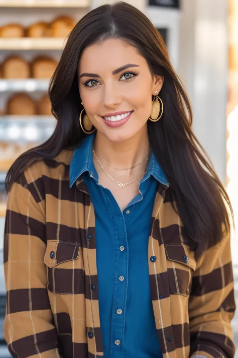 a photo of a woman 3rin0lash, Inside a charming bakery smelling fresh pastries,  wearing a Brown Flannel Shirt and Blue Corduroy...