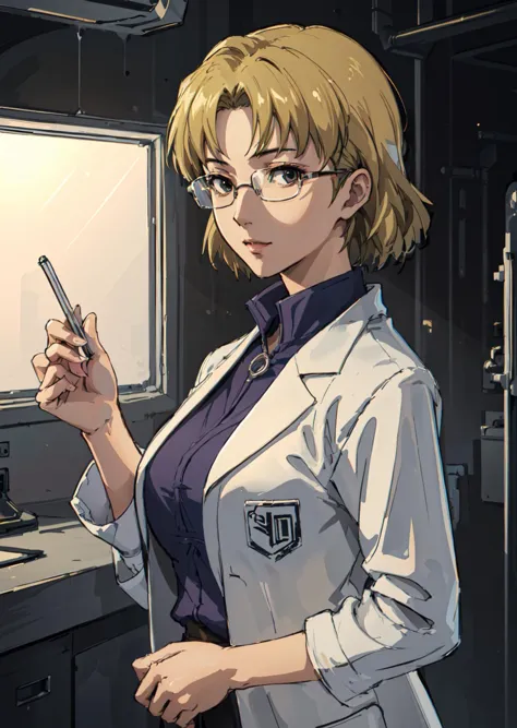 masterpiece,  (volumetric lighting:1.5), (atmospheric:1.5), best quality, best artist, 4k wallpaper, 1girl, ritsuko, lab coat, b...